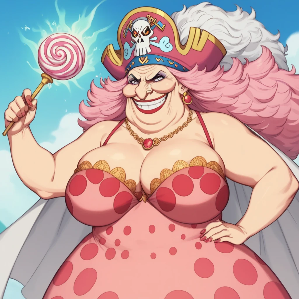 Create an image of a towering and powerful pirate queen with an aura of dominance and chaos. She has wild, flowing pastel-colored pink hair and a wide, menacing grin. Her outfit is flamboyant, featuring a vibrant dress with candy-themed patterns and gold accessories. Her presence is intimidating yet regal, with a massive pirate hat decorated with skull motifs and sweets. The setting is a fantastical candy-themed island under a stormy sky, with giant desserts and swirling clouds in the background. Her expression combines playful mischief with raw authority, and she holds a massive, enchanted sword crackling with energy. Big Mom of One Piece, fat woman, old woman, large nose,