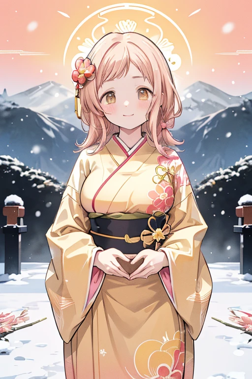 Sakuragi Mano, ((Mega Breasts)), Absolute territory,　smile, Fluffy, (Healing), ((feathers)),　brooch, medium hair, best quality, masterpiece, blush, light brown hair, 　outside curling hairstyle, side fringe, (forehead : 1.28), left-right symmetry fashion,　 winter, ((((snow)))), light brown hair, light brown eyes, 　(((spoken heart))), (Floral pattern furisode), (shrine), new year, (Japanese style gorgeous big vivid red flower hair ornaments), ((rich yellow obi)), ((((Gradient pattern vivid pink and yellow frisode)))), sunrise, morning, standing, mountain, ((((hawk)))),