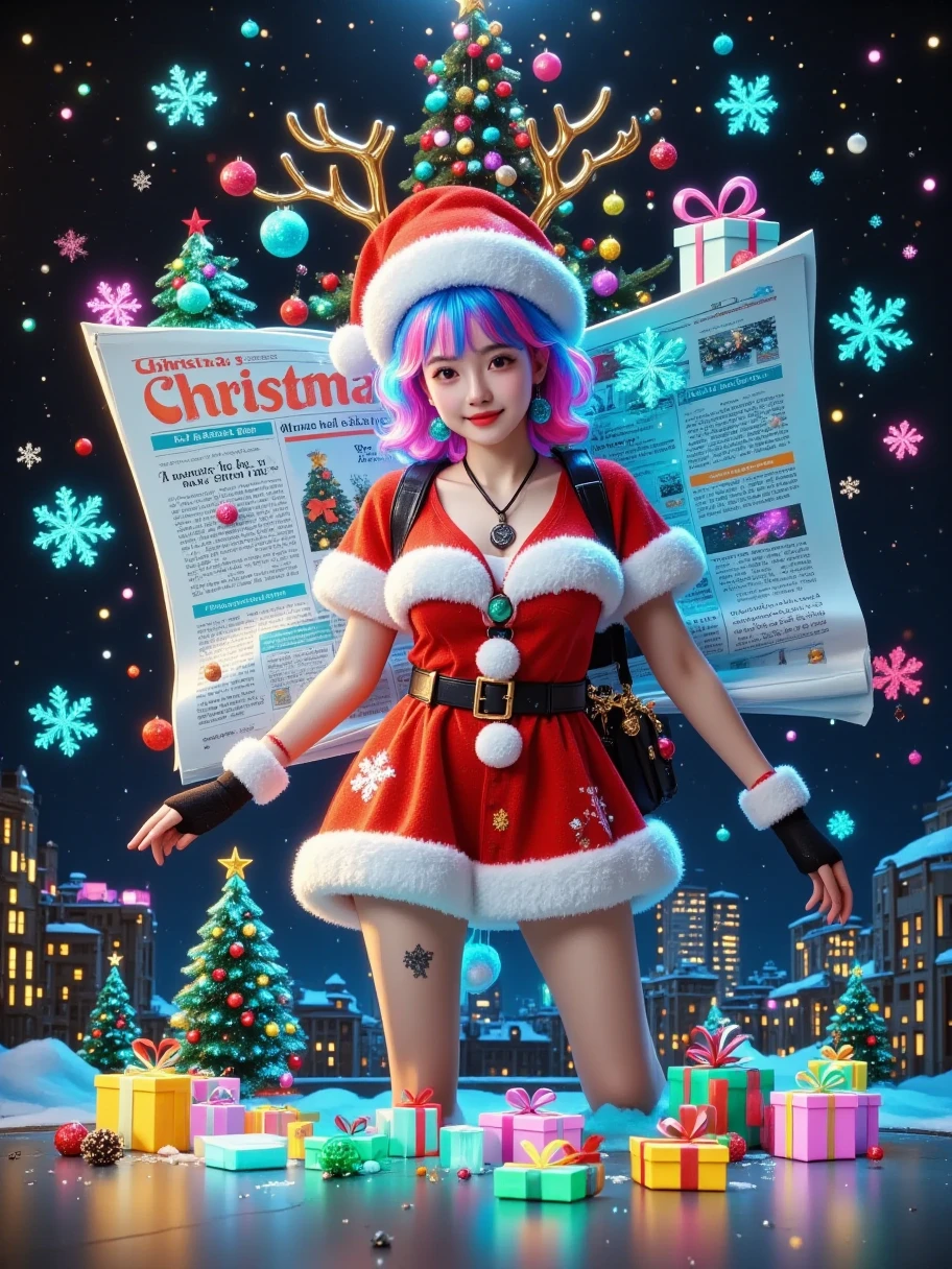 3D Cartoon， furry texture ，(( characters have full faces ))，(( characters have a complete body structure ))，High Saturation， Christmas atmosphere with strong contrast colors ， red-orange tones ， have snowflakes and Christmas elements ，3d cartoon，C4D， blender ，Bubble matte style，3D Style， funny Christmas posters ， a girl in a Santa costume Wear gloves and hold a newspaper with both hands，Read newspaper， stand in front of a huge newspaper ， There are some flowers and Christmas trees on the top of the newspaper ， occupy one-half of the screen ， in the middle of the screen ， and there are some happy and cute cartoon villain running through the newspaper ， There are some flowers and Christmas trees on both sides of the newspaper ，christmas gift box， Some buildings are vaguely visible in the distance ，The background is blue，Clouds floating 