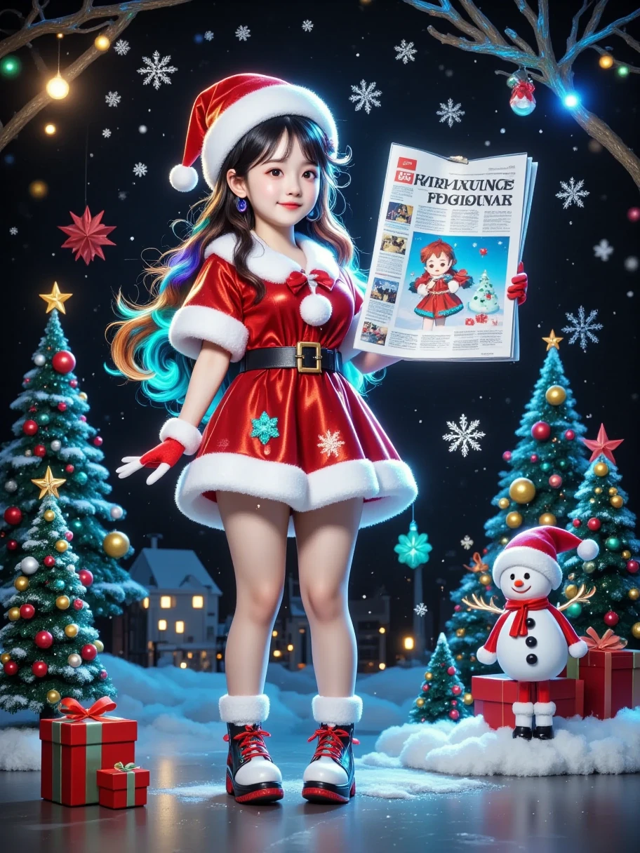 3D Cartoon， furry texture ，(( characters have full faces ))，(( characters have a complete body structure ))，High Saturation， Christmas atmosphere with strong contrast colors ， red-orange tones ， have snowflakes and Christmas elements ，3d cartoon，C4D， blender ，Bubble matte style，3D Style， funny Christmas posters ， a girl in a Santa costume Wear gloves and hold a newspaper with both hands，Read newspaper， stand in front of a huge newspaper ， There are some flowers and Christmas trees on the top of the newspaper ， occupy one-half of the screen ， in the middle of the screen ， and there are some happy and cute cartoon villain running through the newspaper ， There are some flowers and Christmas trees on both sides of the newspaper ，christmas gift box， Some buildings are vaguely visible in the distance ，The background is blue，Clouds floating 