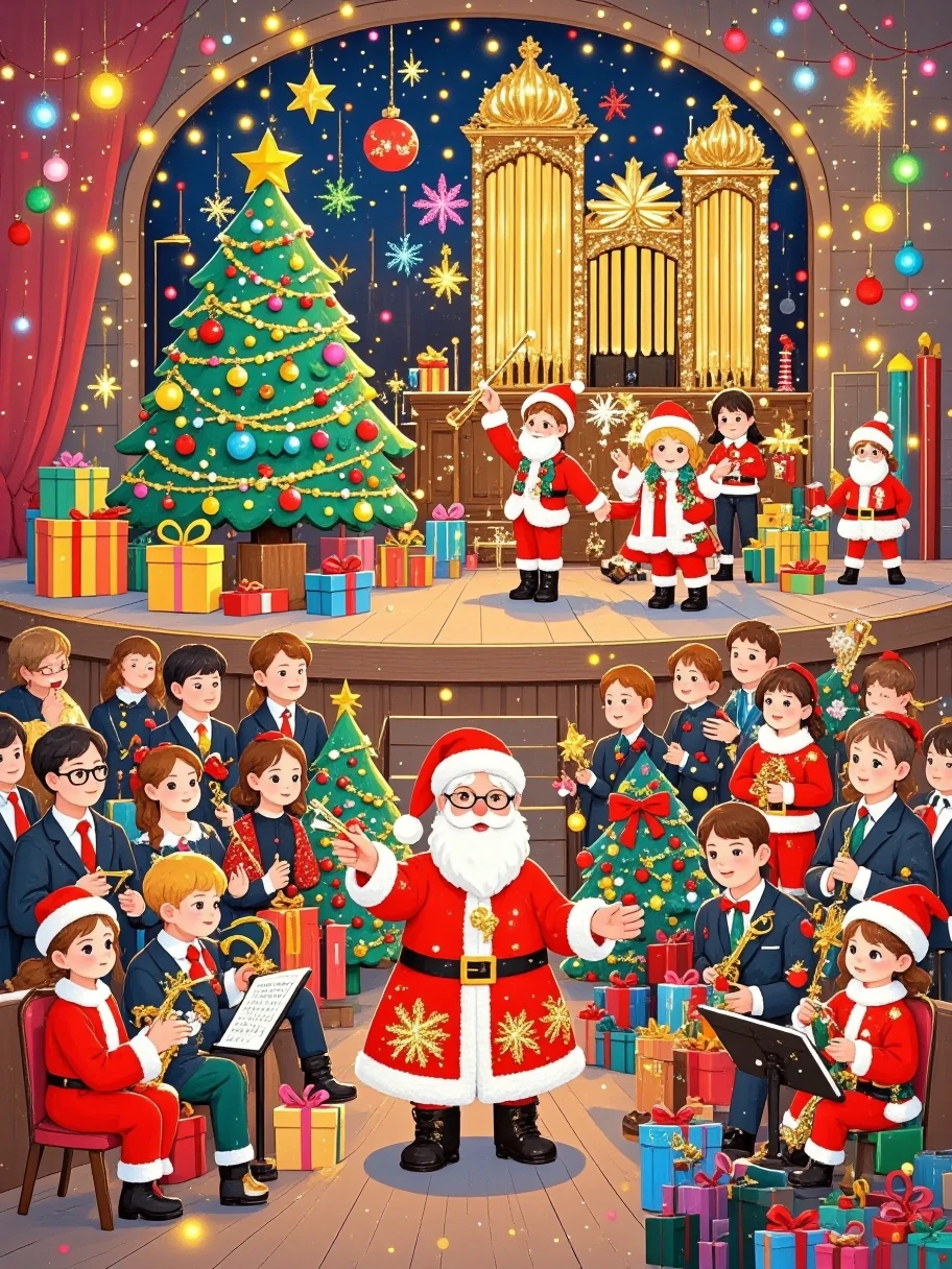 Illustration Art，The art of aesthetics， A grand concert scene 。 is viewed from the middle of the audience ， Wearing stately gold rimmed glasses 、 An iconic red Christmas hat ， Wears a red and white Christmas dress ， with a gold brooch on the neckline 。He has a long white beard， Waving a golden baton in his hands 。 Santa wears black suit ， create a sacred and warm musical atmosphere 。On stage， All kinds of instruments are neatly arranged ， The musicians wear black costumes ，Waiting intently for the conductor 。The audience was full，People wear formal attire， The faces are full of anticipation 。 A Santa stands in the center of a gorgeous stage {x} The background of the stage is a huge golden pipe organ and a Christmas tree with flashing colorful lights。 ， The melodious melodies wafting through the air 。 There is a gap between the pants A fine red line ，The whole picture is rich in color，The red、green、Gold is dominant， Full of artistic and energetic 