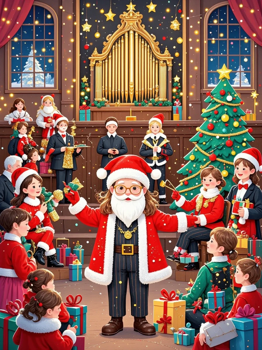 Illustration Art，The art of aesthetics， A grand concert scene 。 is viewed from the middle of the audience ， Wearing stately gold rimmed glasses 、 An iconic red Christmas hat ， Wears a red and white Christmas dress ， with a gold brooch on the neckline 。He has a long white beard， Waving a golden baton in his hands 。 Santa wears black suit ， create a sacred and warm musical atmosphere 。On stage， All kinds of instruments are neatly arranged ， The musicians wear black costumes ，Waiting intently for the conductor 。The audience was full，People wear formal attire， The faces are full of anticipation 。 A Santa stands in the center of a gorgeous stage {x} The background of the stage is a huge golden pipe organ and a Christmas tree with flashing colorful lights。 ， The melodious melodies wafting through the air 。 There is a gap between the pants A fine red line ，The whole picture is rich in color，The red、green、Gold is dominant， Full of artistic and energetic 