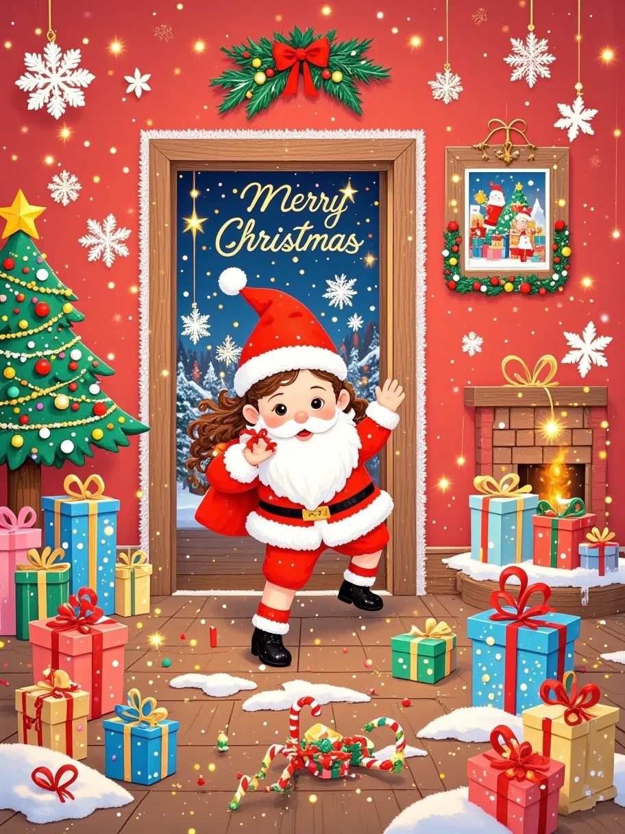  A realistically cute Santa peeks out from behind a red door， Probe behind a pure red wall ，Rectangular or arched ，close up， Extremely clean picture ，Simple characters， Visually playful ，Playful expression，32k ultra high definition， minimal style， illustration style ， poster text “Merry Christmas” 