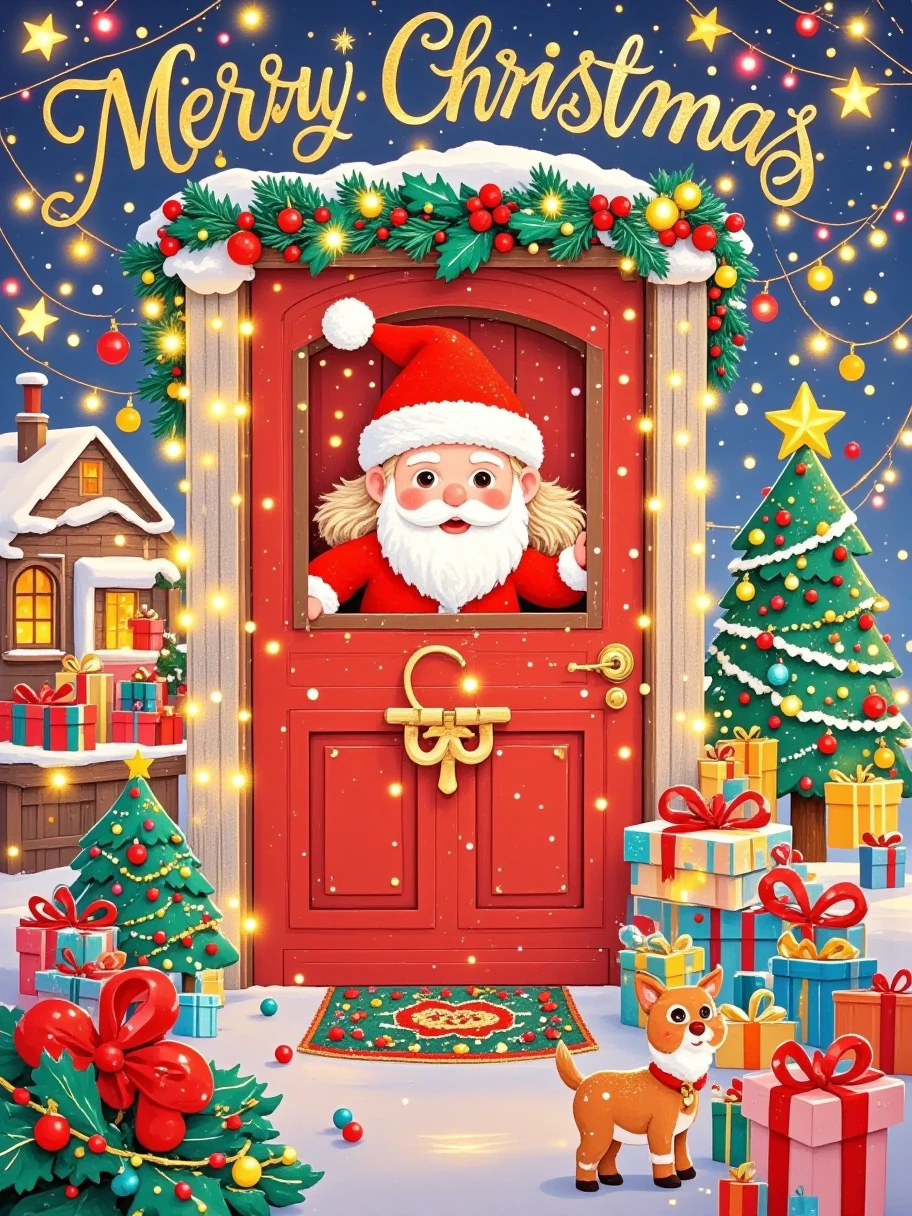  A realistically cute Santa peeks out from behind a red door， Probe behind a pure red wall ，Rectangular or arched ，close up， Extremely clean picture ，Simple characters， Visually playful ，Playful expression，32k ultra high definition， minimal style， illustration style ， poster text “Merry Christmas” 