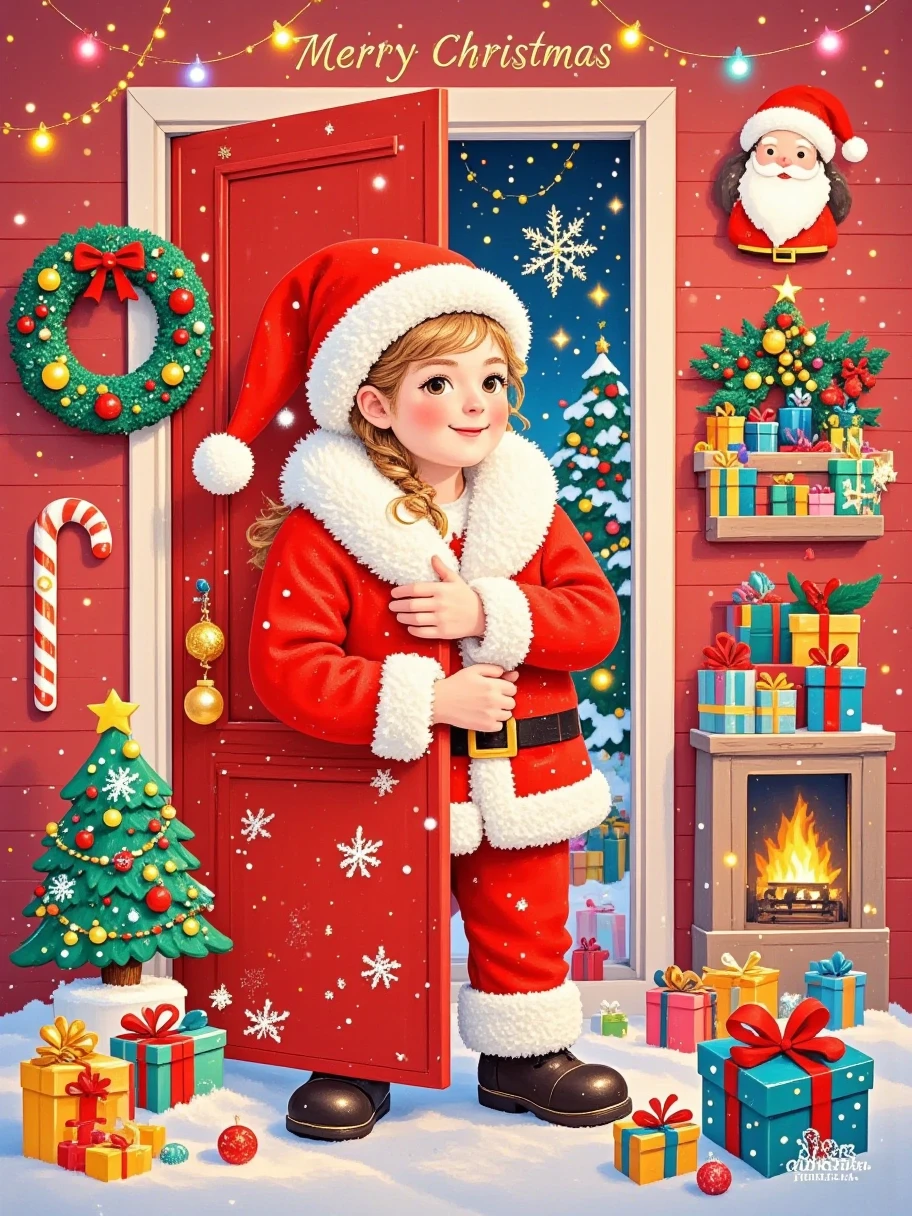  A realistically cute Santa peeks out from behind a red door， Probe behind a pure red wall ，Rectangular or arched ，close up， Extremely clean picture ，Simple characters， Visually playful ，Playful expression，32k ultra high definition， minimal style， illustration style ， poster text “Merry Christmas” 