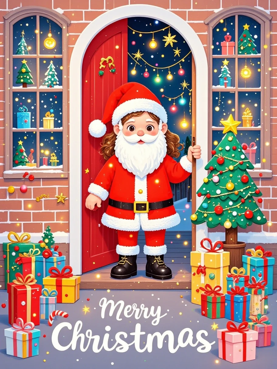  A realistically cute Santa peeks out from behind a red door， Probe behind a pure red wall ，Rectangular or arched ，close up， Extremely clean picture ，Simple characters， Visually playful ，Playful expression，32k ultra high definition， minimal style， illustration style ， poster text “Merry Christmas” 