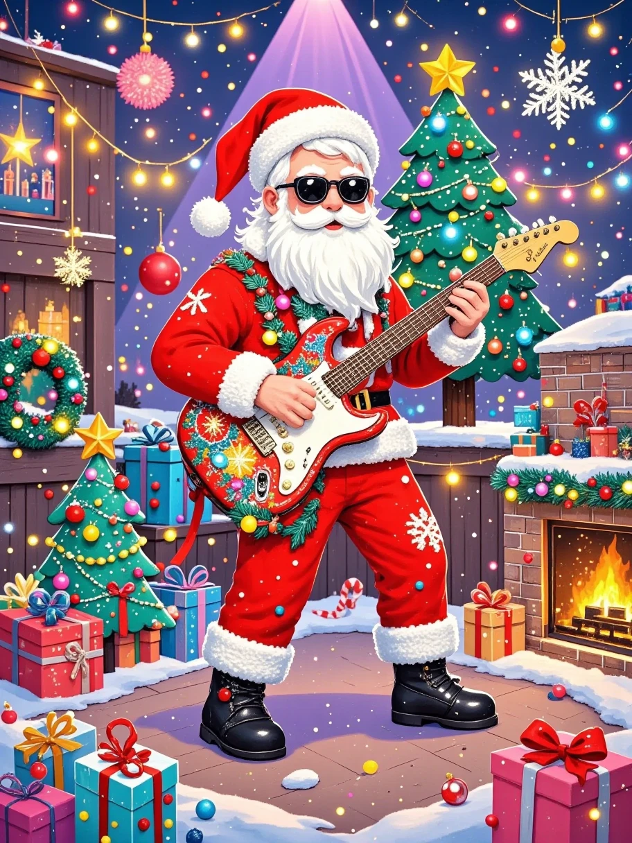 (((Illustration Art)))，The art of aesthetics， A festive scene 。 The center of the picture is a figure dressed as Santa Claus ， He's standing on the stage playing the electric guitar 。 The red Christmas costume worn by Santa Claus ， The white furry edge and big white beard are very conspicuous 。 Some black leather decorations on his costume ，It looks very cool 。  stage Wearing a red Christmas hat ， with white raw edges on the hat ， and he's also wearing a pair of sunglasses ， gives a stylish and unruly feeling 。 The electric guitar in his hand is decorated with colorful lights， There are some patterns on the guitar body ，It looks very gorgeous。  The stage background is full of festive elements ， The purple light shines from above ，It creates a dreamy atmosphere。 scene with lots of colorful lights scattered on the ， like a holiday lantern 。 can be seen in the background Some musical instruments and equipment ， suggests that this is a musical 。  The whole picture is brightly colored ，Full of festive atmosphere， also conveys a kind of rock energy and passion 。