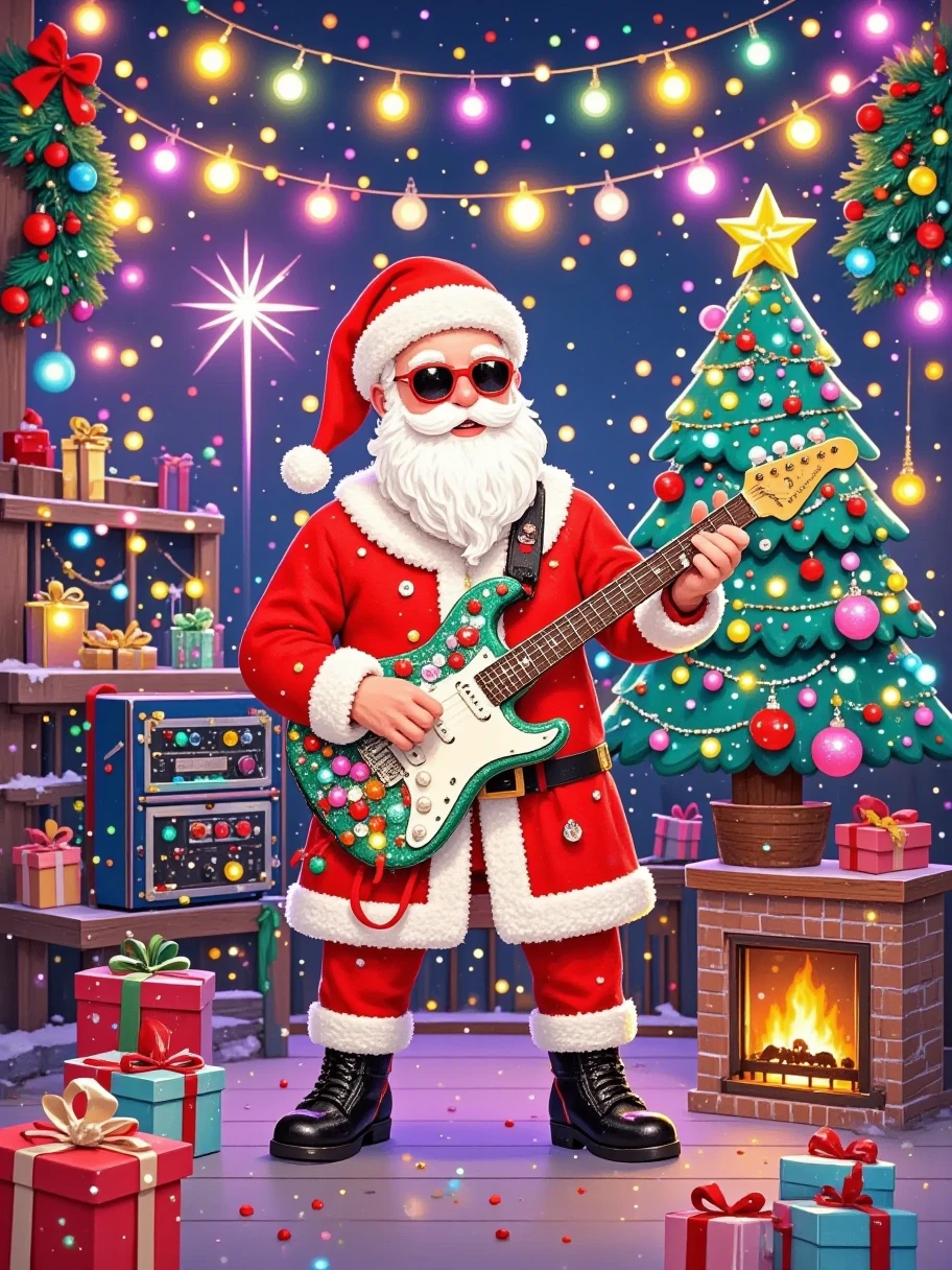 (((Illustration Art)))，The art of aesthetics， A festive scene 。 The center of the picture is a figure dressed as Santa Claus ， He's standing on the stage playing the electric guitar 。 The red Christmas costume worn by Santa Claus ， The white furry edge and big white beard are very conspicuous 。 Some black leather decorations on his costume ，It looks very cool 。  stage Wearing a red Christmas hat ， with white raw edges on the hat ， and he's also wearing a pair of sunglasses ， gives a stylish and unruly feeling 。 The electric guitar in his hand is decorated with colorful lights， There are some patterns on the guitar body ，It looks very gorgeous。  The stage background is full of festive elements ， The purple light shines from above ，It creates a dreamy atmosphere。 scene with lots of colorful lights scattered on the ， like a holiday lantern 。 can be seen in the background Some musical instruments and equipment ， suggests that this is a musical 。  The whole picture is brightly colored ，Full of festive atmosphere， also conveys a kind of rock energy and passion 。