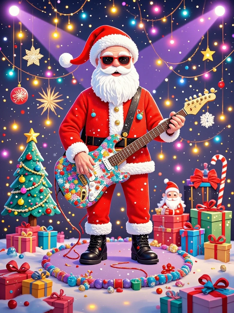 (((Illustration Art)))，The art of aesthetics， A festive scene 。 The center of the picture is a figure dressed as Santa Claus ， He's standing on the stage playing the electric guitar 。 The red Christmas costume worn by Santa Claus ， The white furry edge and big white beard are very conspicuous 。 Some black leather decorations on his costume ，It looks very cool 。  stage Wearing a red Christmas hat ， with white raw edges on the hat ， and he's also wearing a pair of sunglasses ， gives a stylish and unruly feeling 。 The electric guitar in his hand is decorated with colorful lights， There are some patterns on the guitar body ，It looks very gorgeous。  The stage background is full of festive elements ， The purple light shines from above ，It creates a dreamy atmosphere。 scene with lots of colorful lights scattered on the ， like a holiday lantern 。 can be seen in the background Some musical instruments and equipment ， suggests that this is a musical 。  The whole picture is brightly colored ，Full of festive atmosphere， also conveys a kind of rock energy and passion 。