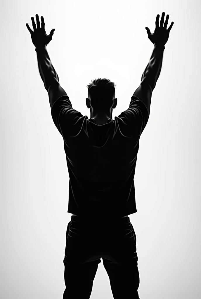 black silhouette of a man , standing straight, viewed from behind, with his arms raised high