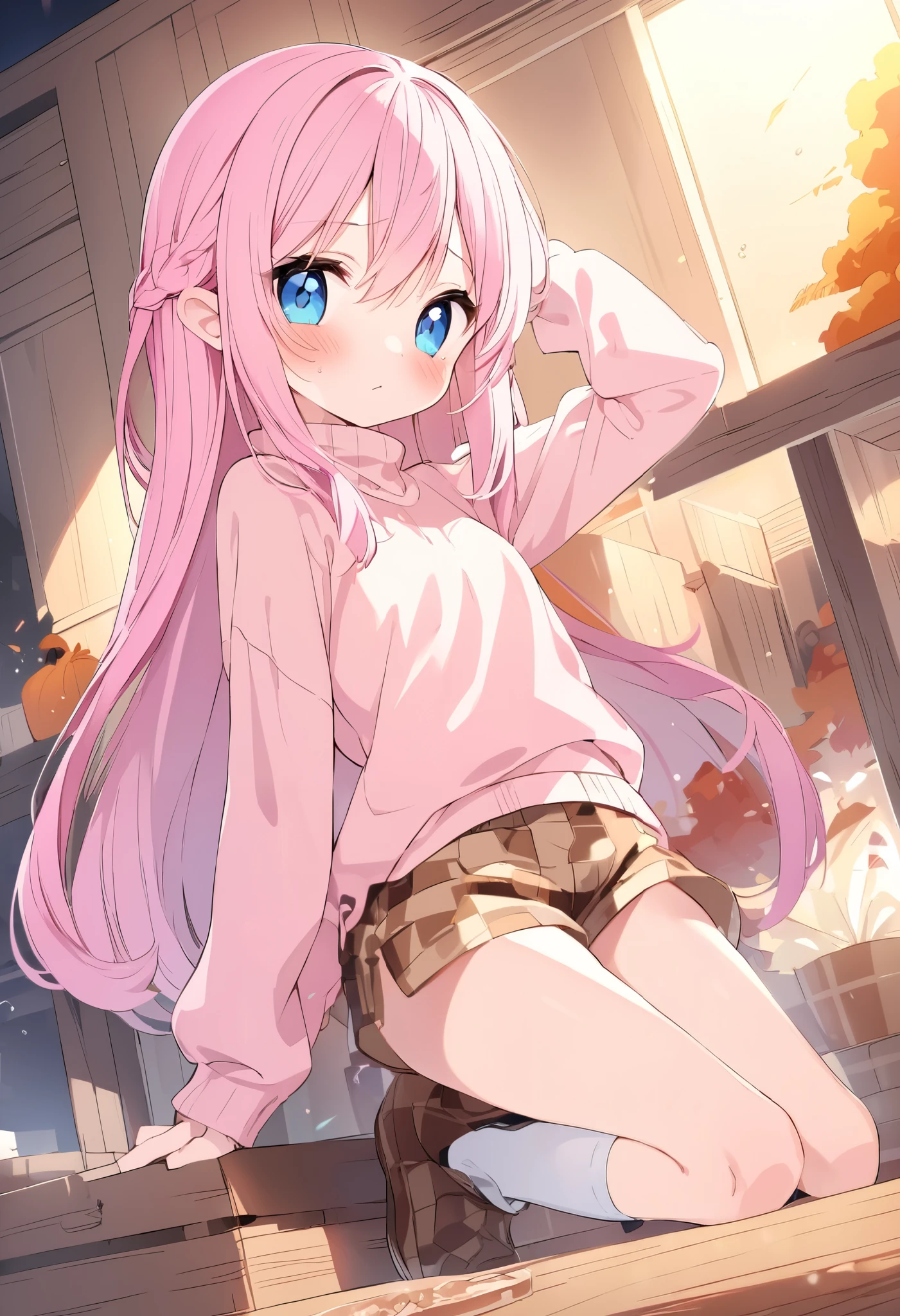 realistic image, detailed image, coherent image, 1 beautiful elf, she has very long hair, she has a black bow in her square bangs, pink hair, light blue eyes, smiling, winking, she is wearing a loose blouse, showing navel, mini jean shorts, sneakers, She has a curvy body, big breasts and thick thighs, She is sitting, sitting sensually, showing her legs, arching her back, surrounded by falling flower petals around, inside a restaurant, full body view, view from above, sunset, twilight, Soft focus, Dramatic shadows, Volumetric lighting, natural lighting,chika fujiwara
