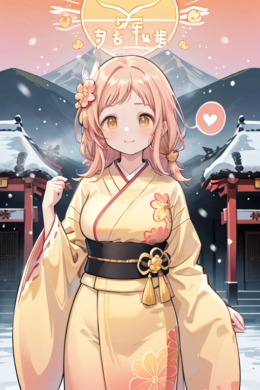 Sakuragi Mano, ((Mega Breasts)), Absolute territory,　smile, Fluffy, (Healing), ((feathers)),　brooch, medium hair, best quality, masterpiece, blush, light brown hair, 　outside curling hairstyle, side fringe, (forehead : 1.28), left-right symmetry fashion,　 winter, ((((snow)))), light brown hair, light brown eyes, 　(((spoken heart))), (Floral pattern furisode), (shrine), new year, (Japanese style gorgeous big vivid red flower hair ornaments), ((rich yellow obi)), ((((Gradient pattern vivid pink and yellow frisode)))), sunrise, morning, standing, mountain, ((((hawk)))),