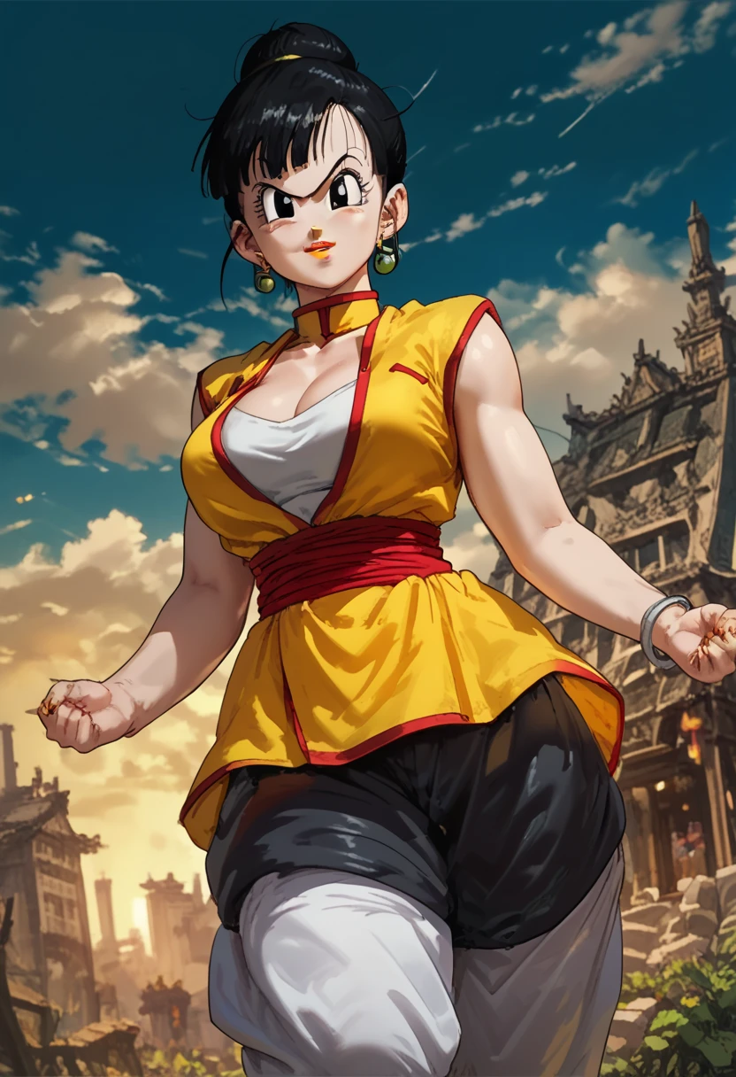 woman, black hair, white skin, big breasts, yellow lipstick, Chi Chi, anime style, black outfit, Goku Black style