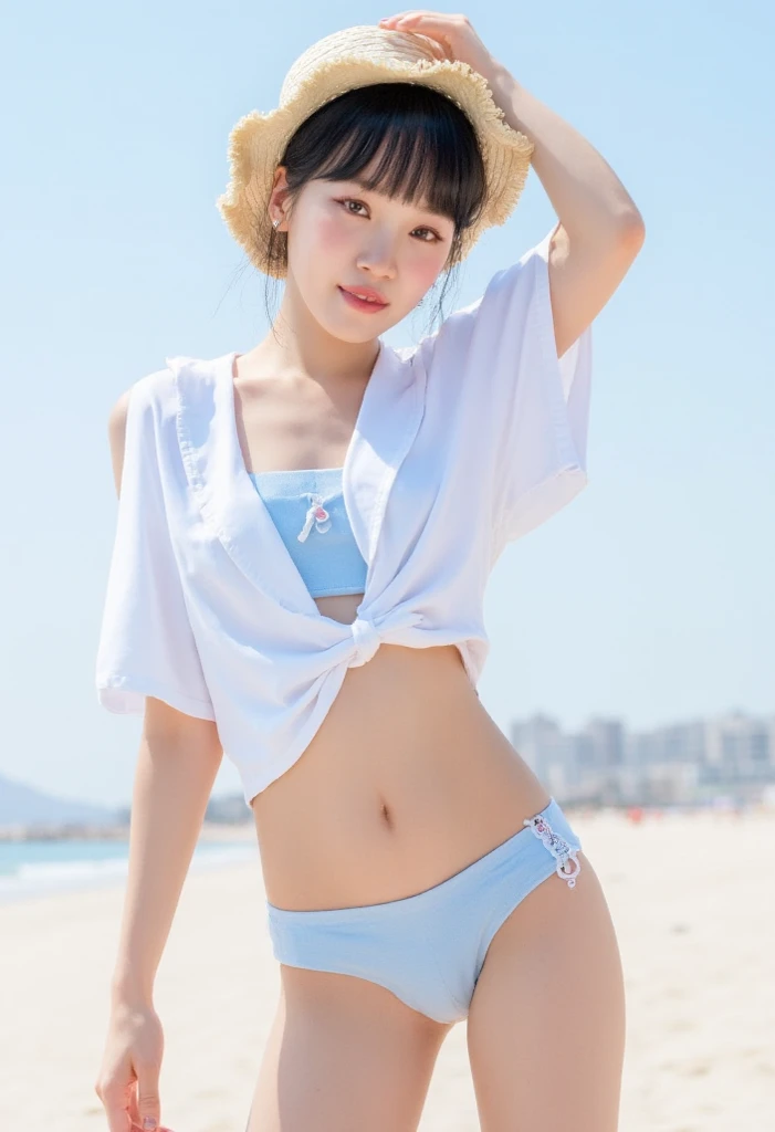 (High resolution、8k),Cute 16 year old Japanese girl、(race,white, bikini swimwear )、From the knee up、Stand with your back straight,Telephoto lens camera、Looking at the camera、Large Breasts:1.4、whiteい歯の笑顔、Thick and glossy lips、Kind eyes ,Stand in front of a light blue wall,Are standing,belly button,Thighs,short_cut,.