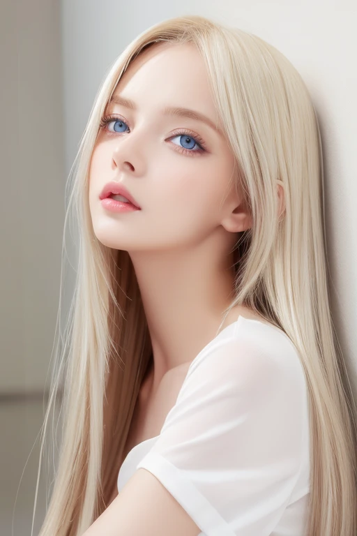  Unmatched Beauty ,  firm and shiny skin ,  bangs between eyes, Beautiful shiny straight platinum blonde,  Super Long Straight Silky Hair,  eyeliner ,  sexy beautiful innocent , High resolution big beautiful bright blue eyes,  beautiful and lovely girl, Baby Face, Short sleeve shirt、 EROTIC 