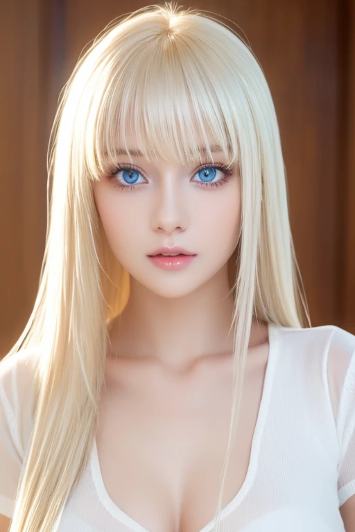  Unmatched Beauty ,  firm and shiny skin ,  bangs between eyes, Beautiful shiny straight platinum blonde,  Super Long Straight Silky Hair,  eyeliner ,  sexy beautiful innocent , High resolution big beautiful bright blue eyes,  beautiful and lovely girl, Baby Face, Short sleeve shirt、 EROTIC 