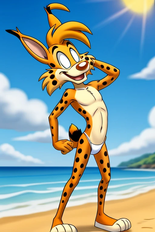 Lynx cartoon guy full length slim skinny in striped blue-red speedo on the beach with a happy face striped tail