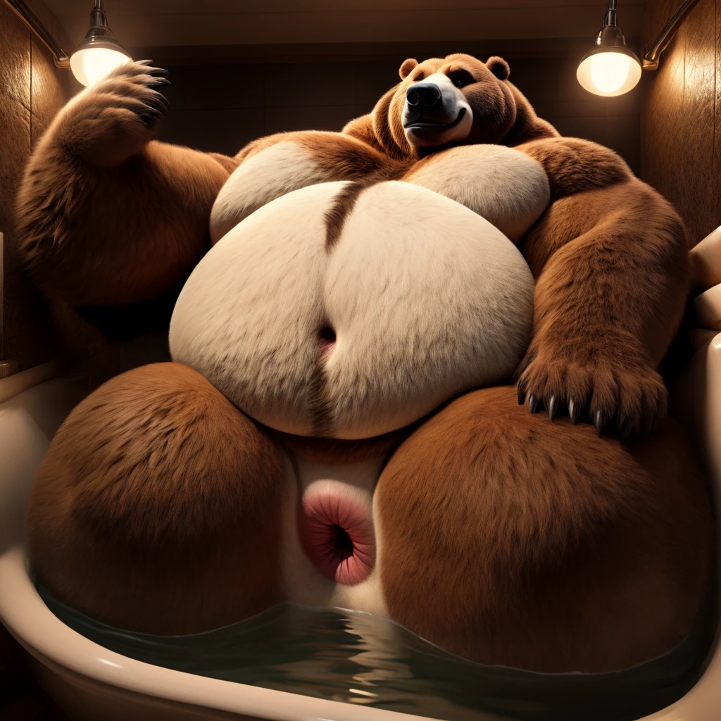 Fat Huge 700Lbs Pounds Daddy Furry Massive Grizzly Bear Massive Belly, and Large Chunky Body, He's in the Tub in the Dark He turn around Teasing you his Big Buttcheeks and his butthole, His Belly is Big, Huge, Fat, Chunky, Furry, Big, and Massive, his Big Belly is Round