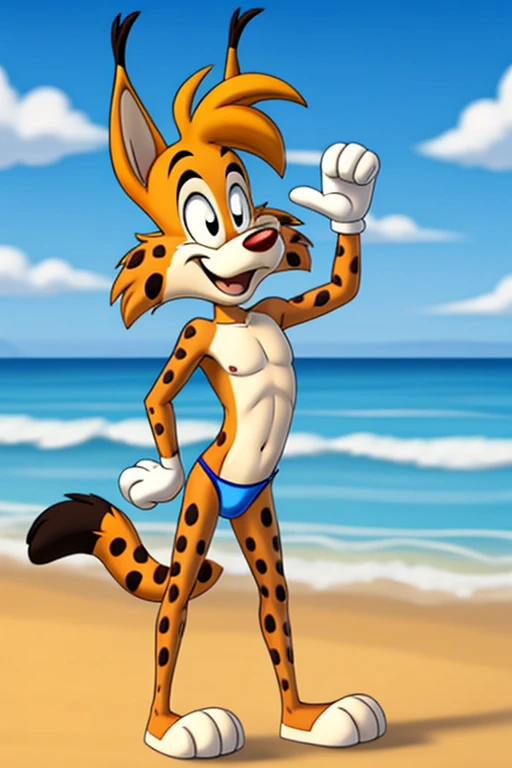 Lynx cartoon guy full length slim skinny in striped blue-red speedo on the beach with a happy face striped tail