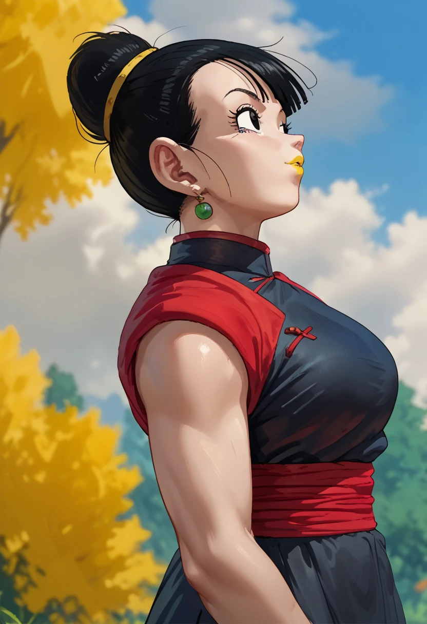 woman, black hair, white skin, big breasts, yellow lipstick, Chi Chi, anime style, black outfit, Goku Black style