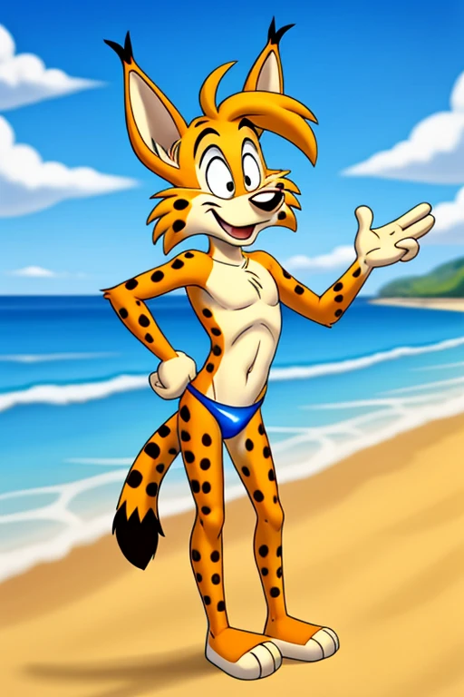 Lynx cartoon guy full length slim skinny in striped blue-red speedo on the beach with a happy face striped tail