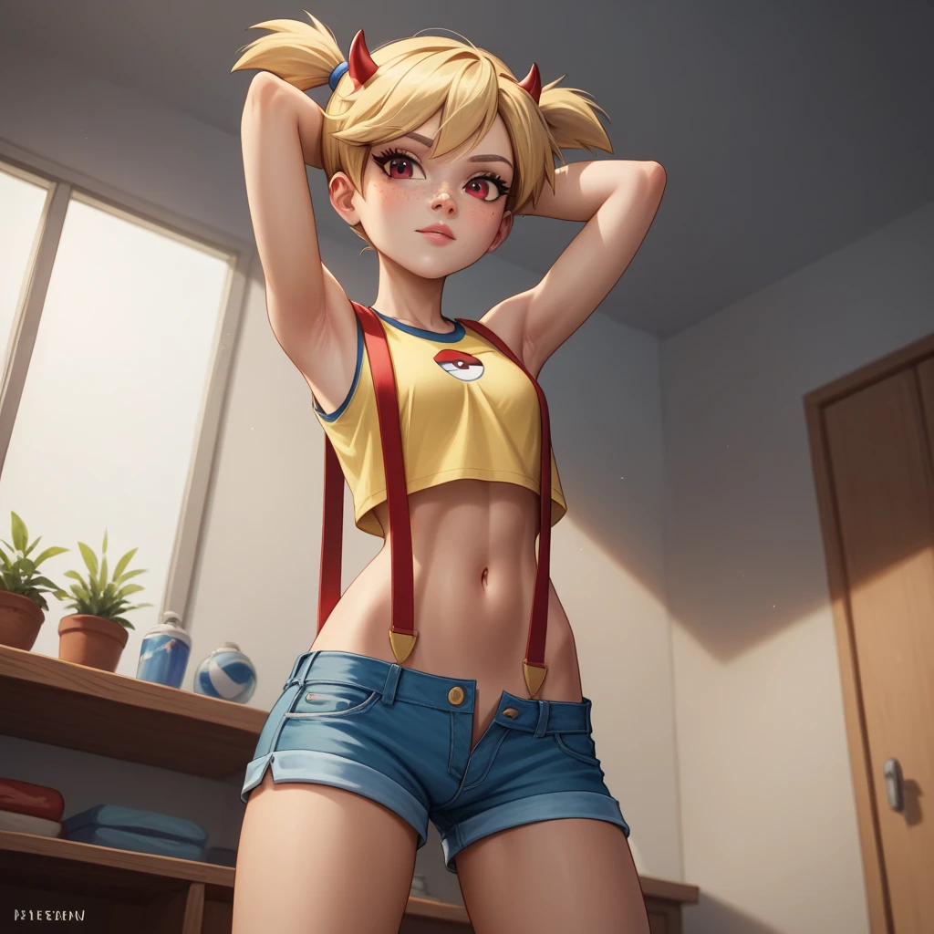 score_9,score_8_up,score_7_up,score_9,score_8_up,score_8,ultra detailed,beautiful face,highres BREAK , StarB,1girl,solo,short hair,blonde hair,shirt,shorts,medium hair,kneehighs,freckles,blue shorts(pulled down),raglan sleeves, undressing, room,room background,cowboy shot,from below,looking at viewer, nude Misty from Pokémon Female furry red creature kuami tiny toons adventure style naked masterpiece, best quality, 1girl, penny, blonde hair, twintails, blunt bangs, flat chest, from below, kanamemadokaoutfit, style girl but with white skin, with small ram horns, short purple hair, Red eyes, Elf&#39;s ears,misty (pokemon), yellow shirt, sleeveless shirt, suspenders, denim shorts, sneakers, armpits, showing armpits, arms behind head, solo, masterpiece, 1girl.