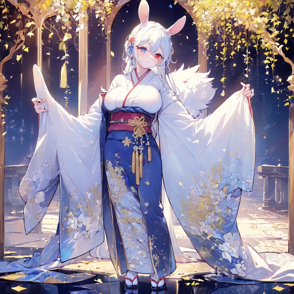 ((((Hand Repair,Foot repair:1.3)))),masterpiece,8k,(((( 1 girl)))), beautiful girl,City Background,((((full body shot,very wide shot,Rabbit Ears,I'm hiding my ears with my hair)))),(((Perfect white hair, long hair))), (((((Highlight Eyes, rainbow heterochromia, Golden Eye Right Eye,Red Eye Left Eye , kimono,she wearing a blue color furisode,Big Breasts, short stature))))), facing forward 