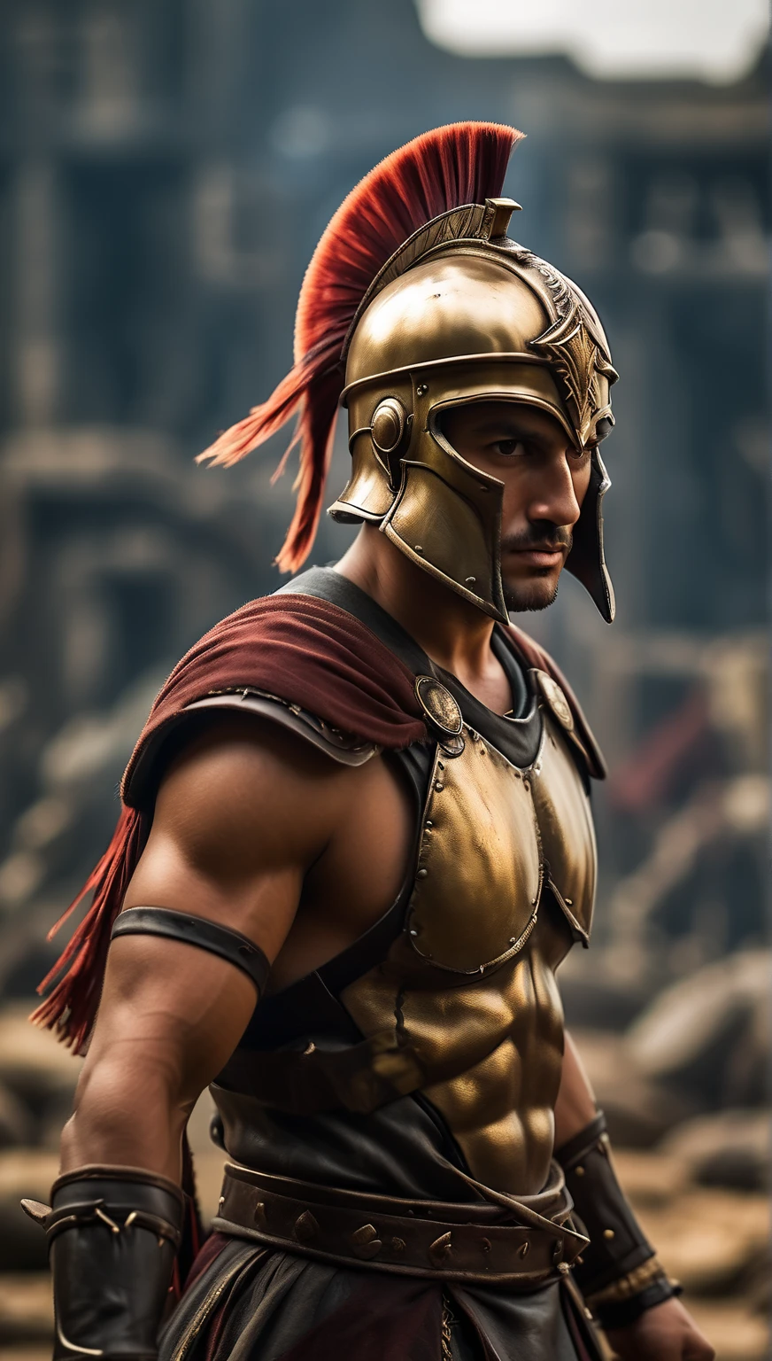  Show a Spartan warrior in a moment of quiet reflection,  with the helmet removed and a serene expression on the face , battle atmosphere background , hyper-realistic, ultra detailed hyper-realistic,  photorealistic ,  studio lighting , wearing a golden crown, reflections,  dynamic pose style, cinematic, color grading, photograph,  Filmed with a 50mm lens , Ultra-Wide Angle,  depth of field , Hyper-detailed, beautifully colored, 8k