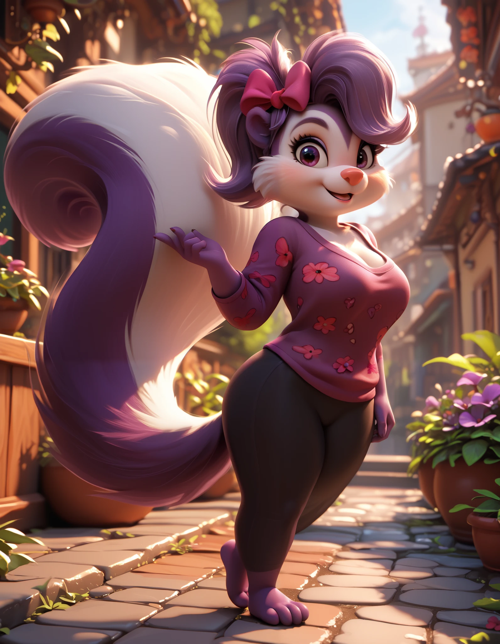 score_9, score_8_up, score_7_up, score_6_up, source_furry, score_safe, fifi, skunk, solo, 1girl, female, sfw, furry, purple body, hair bow, long skunk tail, thick tail, cute, short, beautiful eyes, cartoony, flat color, simple shading, full-length portrait, studio ghibli background, blurred backgroun,