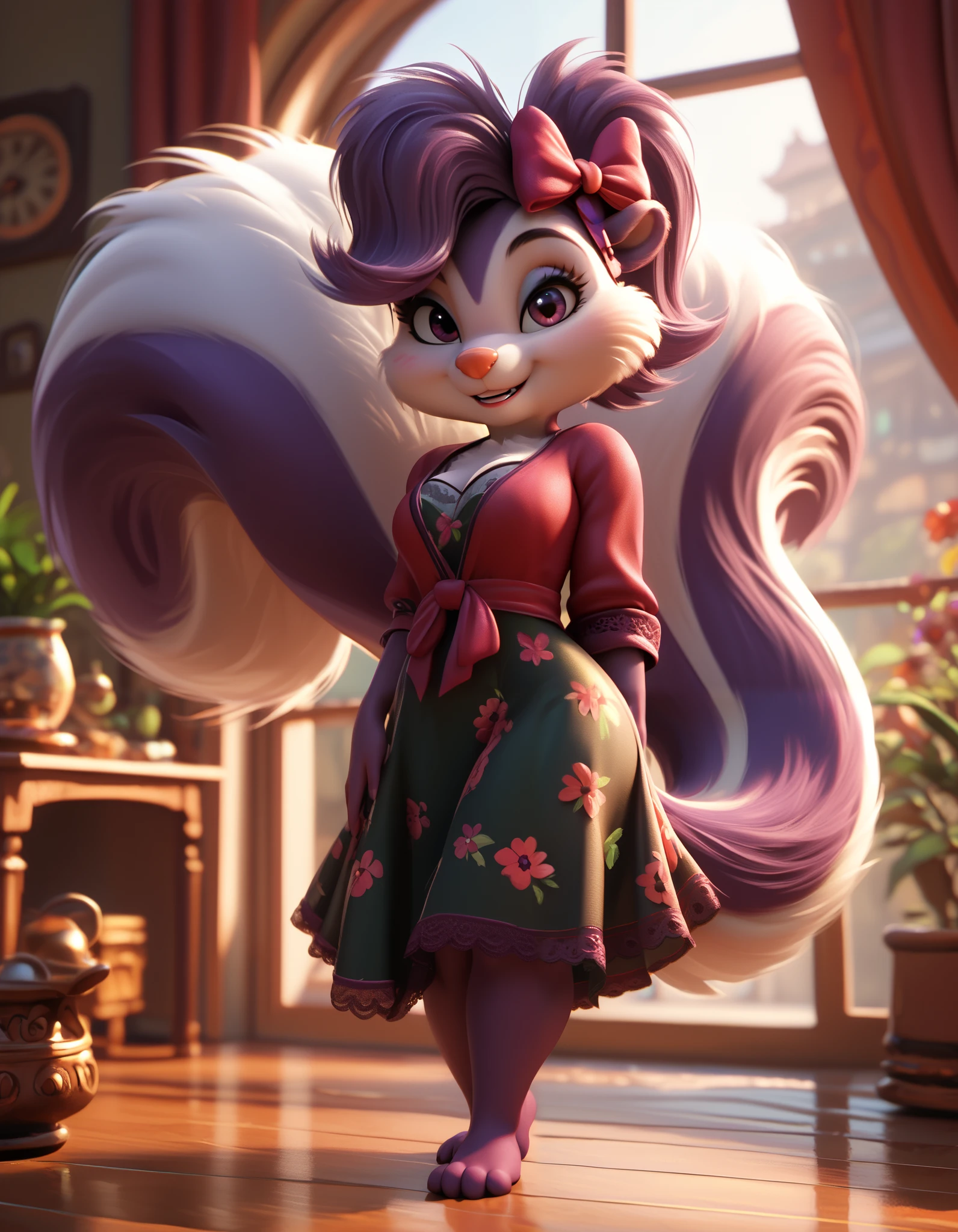 score_9, score_8_up, score_7_up, score_6_up, source_furry, score_safe, fifi, skunk, solo, 1girl, female, sfw, furry, purple body, hair bow, long skunk tail, thick tail, cute, short, beautiful eyes, cartoony, flat color, simple shading, full-length portrait, studio ghibli background, blurred backgroun,