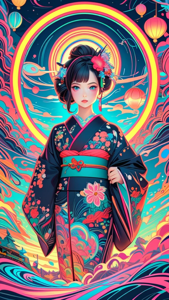 8k,masterpiece,  top quality , １Beautiful women,正しい    kimono, The    kimono pattern is modern,32K Wallpaper,   very detailed, poster, geometric movie poster, glow in the dark  ，Bioluminescent color sparkles  ,Captivating psychedelic surreal neon amazing universe  beautiful gorgeous women in a bright colorful neon light，Mark Ryden、daniel merriam、 BRIGHT NEON COLORS IN THE STYLE OF FRANK FLAZETTA AND BORIS BARREJO， Super realism, Trippy,  gorgeous ,  beautiful,  details,  intricate details ,  super detailed , Complex colors, ,    kimono,    kimono,,伝統的な    kimono,  Motion Illustrations, cowboy shot