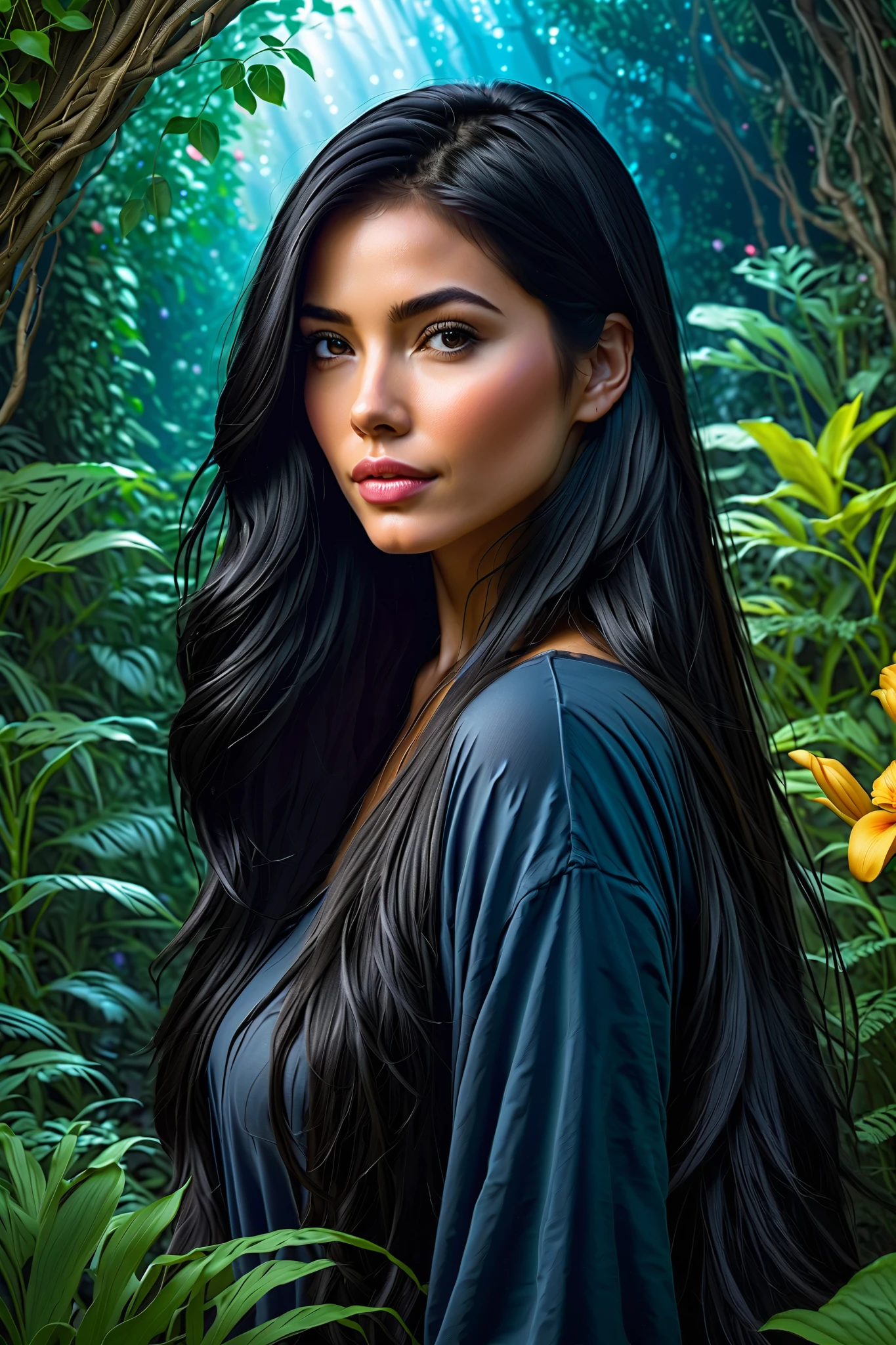 A beautiful young woman with long , flowing black hair in a lush , hyperrealistic garden , Highly detailed 8k Masterpiece , photorealistic , dramatic deep space colors, extreme depth of field, cinematic lighting , award-winning digital art