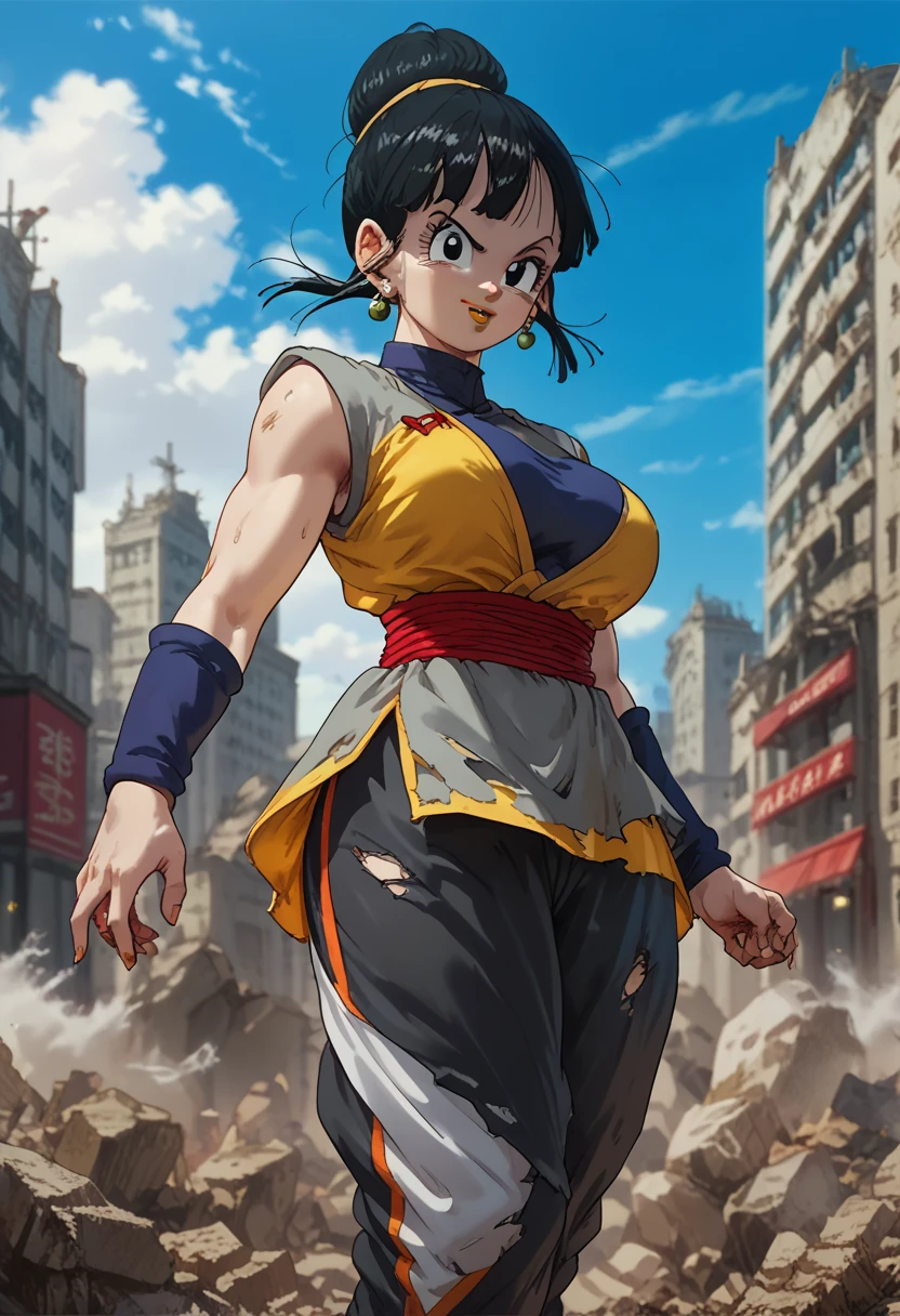 woman, black hair, white skin, big breasts, yellow lipstick, Chi Chi, anime style, black outfit, Goku Black style, destroyed city in the background