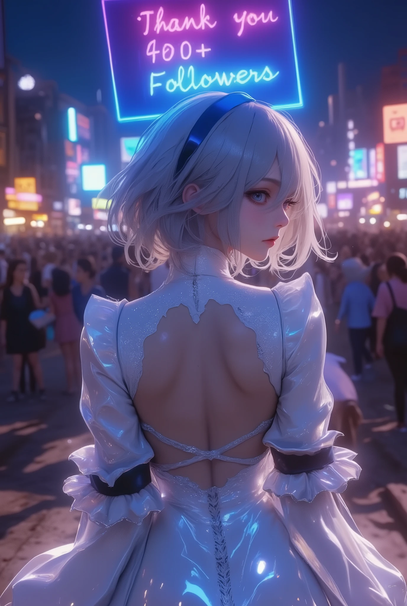 masterpiece, high res, illustration, animation style, movie style: your name, night , mid night , Gentle Light, Fascinating Light, batttle field, ruins of a big city, (back side shot, from her back, full body shot, full body, view from her back:1.7), (1 female: 1.3), (Alone: 1.4), Type 2B Yorha, has long eyelashes, short bob, nose_, open_mouth, futon, , Backless long Dress, , Kirarhythm, dynamic perspective, perspective, Bokeh, Depth_of_Field, from_ Down, (natural breasts:1.2), (Uplifted and well-defined bust:1.2),(holding a big sign that says "thank you to 400+ followers":1.5)