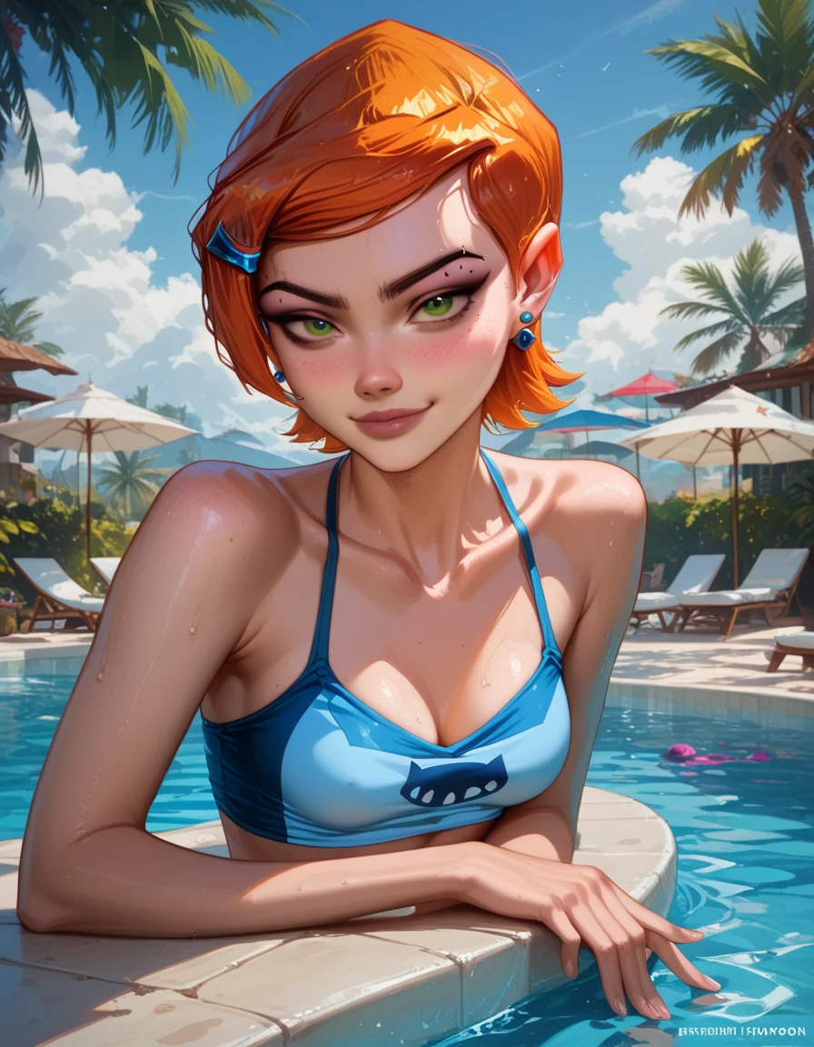 Gwen Tennyson from ben10, very beautiful, sexy posing, at a swimming pool