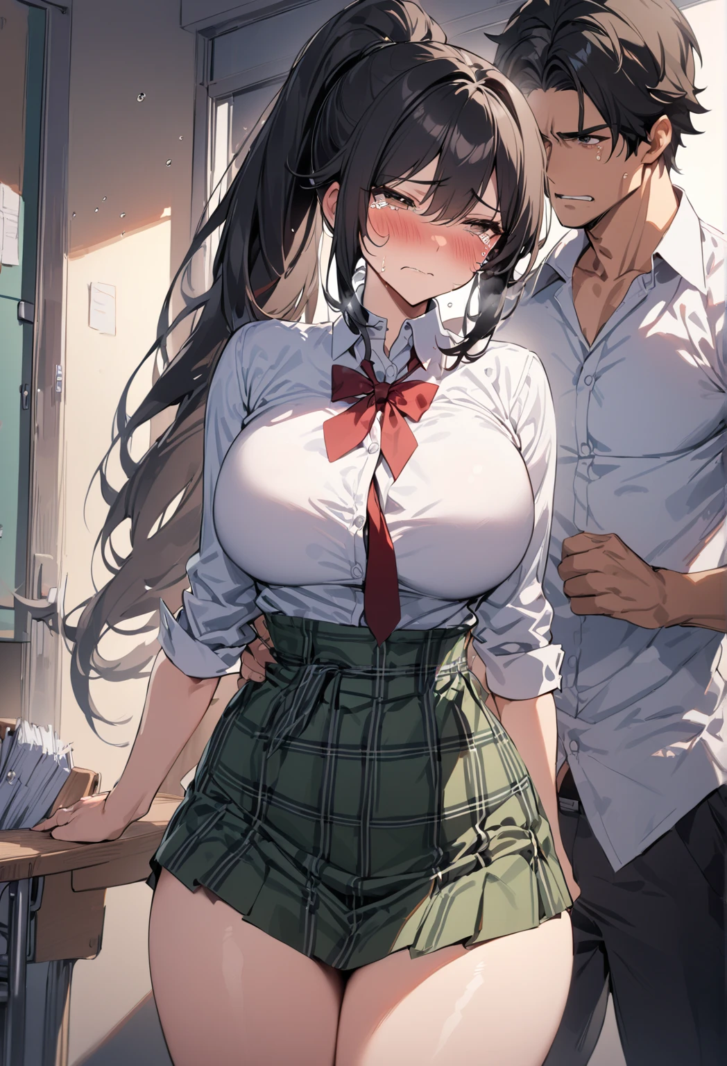 School class, a 25 year old Italian girl with super giant breasts and a guy groping the girl, the girl is wearing a torn blouse and a miniskirt, the girl has long loose black hair