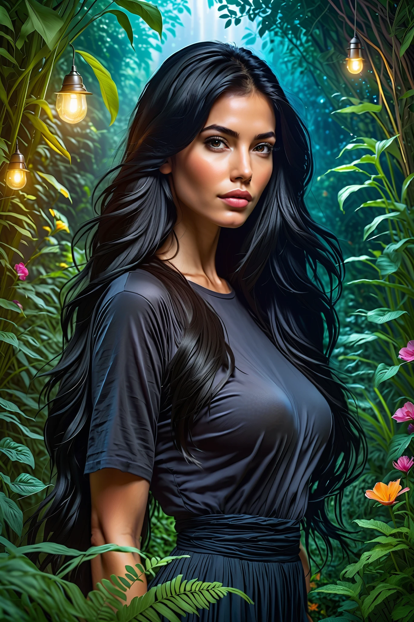 A beautiful young woman with long , flowing black hair in a lush , hyperrealistic garden , Highly detailed 8k Masterpiece , photorealistic , dramatic deep space colors, extreme depth of field, cinematic lighting , award-winning digital art
