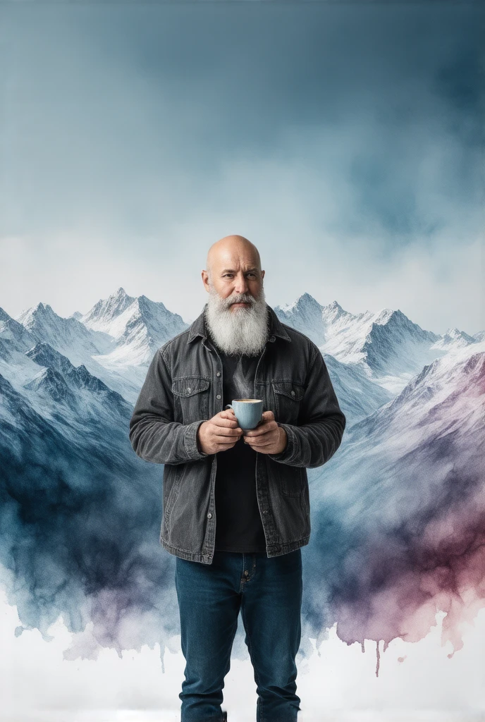 Man with bald head and long white beard standing on the ski slopes looking at the mountains and holding a coffee