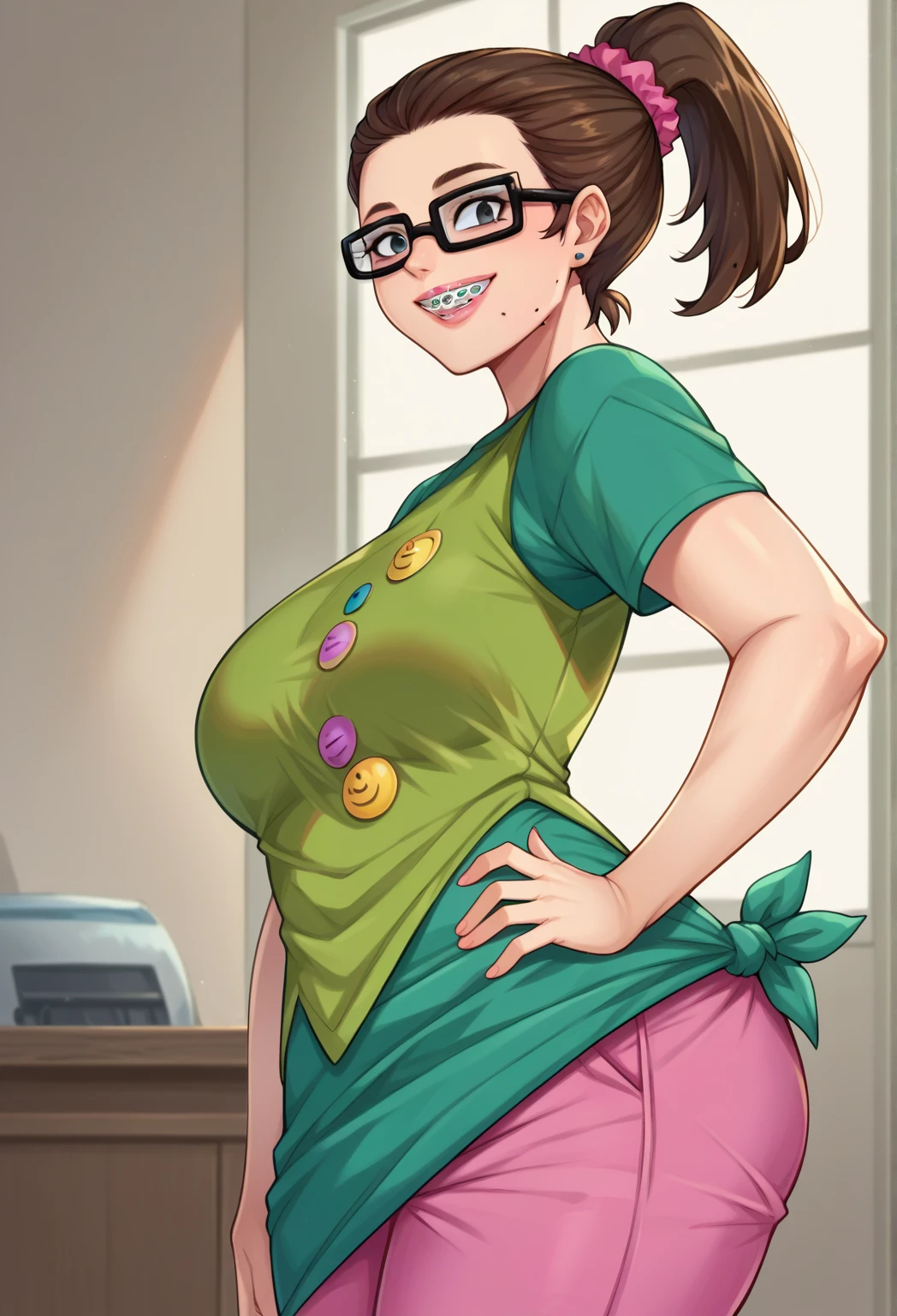 score_9,score_8_up,score_7_up BREAK bethSDXL,1girl,short hair,brown hair,shirt,black eyes,no pupils,high ponytail,short sleeves,glasses,pants,mole,lips,scrunchie,mole under mouth,hair slicked back,glasses,green shirt,badge,button badge,curvy,pink pants,pants under skirt,cowboy shot,room,room background,from side,smile, braces