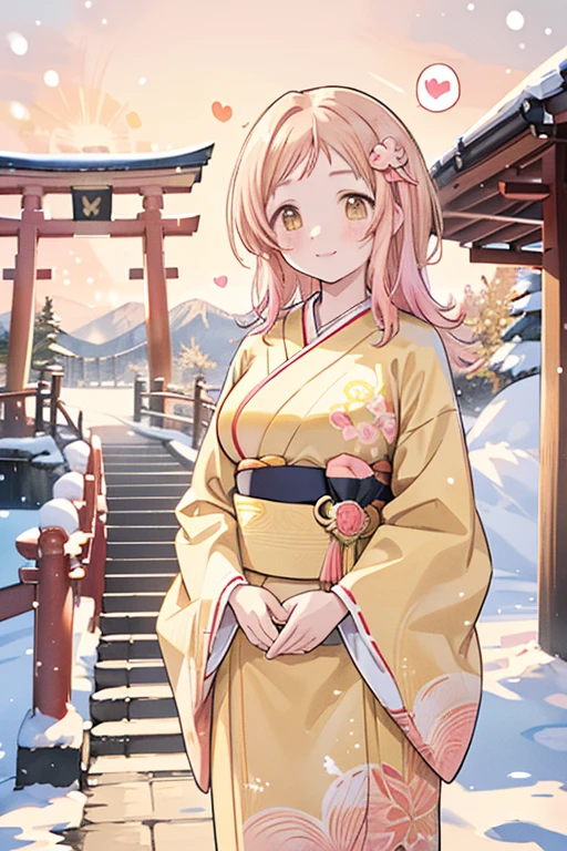 Sakuragi Mano, ((Mega Breasts)), Absolute territory,　smile, Fluffy, (Healing), ((feathers)),　brooch, medium hair, best quality, masterpiece, blush, light brown hair, 　outside curling hairstyle, side fringe, (forehead : 1.28), left-right symmetry fashion,　 winter, ((((snow)))), light brown hair, light brown eyes, 　(((spoken heart))), (Floral pattern furisode), (shrine), new year, (Japanese style gorgeous big vivid red flower hair ornaments), ((rich yellow obi)), ((((Gradient pattern very vivid pink and yellow frisode)))), sunrise, morning, standing, mountain, ((((hawk)))),　torii gate,