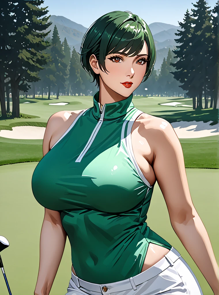 ( masterpiece), ( realistic anime style), (super detailed ), ( definite details), Women, Awesome MILF, Super beautiful,  short hair black , brown eyes, sexy body,  big breasts , Sexy Tracer, dark green , on a golf course,  golfer's clothing covered with a lot of white fluid all over their body, while his back 