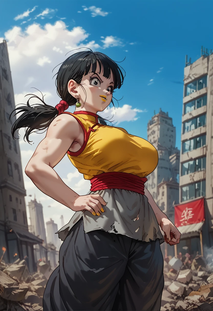 woman, black hair, white skin, big breasts, yellow lipstick, Chi Chi, anime style, black outfit, Goku Black style, destroyed city in the background, focus on the upper body