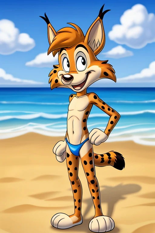 Lynx cartoon guy full length slim skinny in striped blue-red speedo on the beach with a happy face striped tail