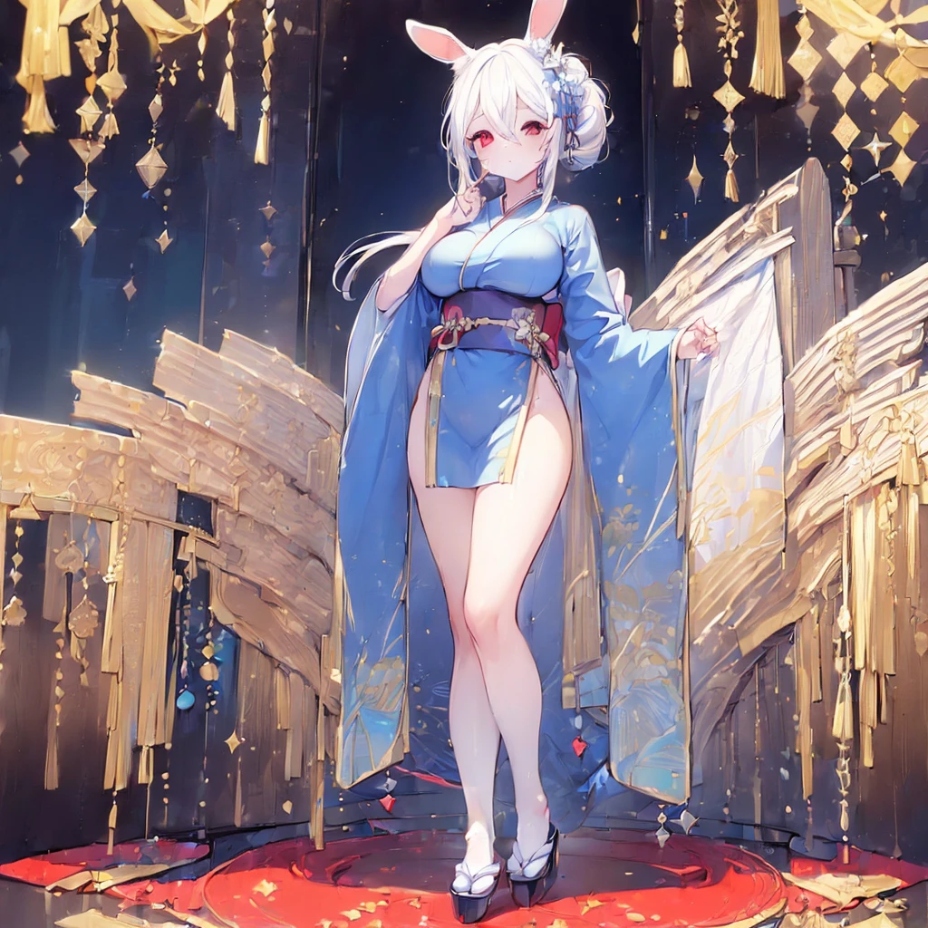 ((((Hand Repair,Foot repair:1.3)))),masterpiece,8k,(((( 1 girl)))), beautiful girl,City Background,((((full body shot,very wide shot,Rabbit Ears,I'm hiding my ears with my hair)))),(((Perfect white hair, long hair))), (((((Highlight Eyes,  heterochromia, gold color right eye,red color left eye, kimono,she wearing a blue color furisode,Big Breasts, short stature))))), facing forward 