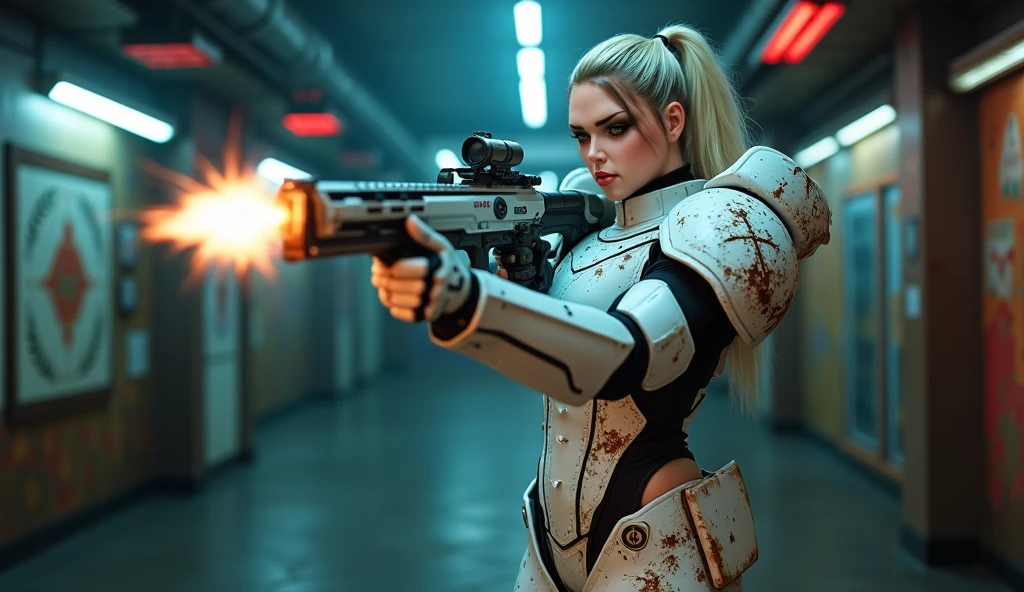 ArsMJStyle, dnddarkestfantasy, mythp0rt, highly detailed photorealistic image, perfect composition, perfect lighting, intricate detail, female oriental space marine, two-tone hair, blonde with red highlights, bangs, white and red body armor, holding assault rifle, spaceship bridge, RAW photo, HD32K, absurdres, cowboy shot