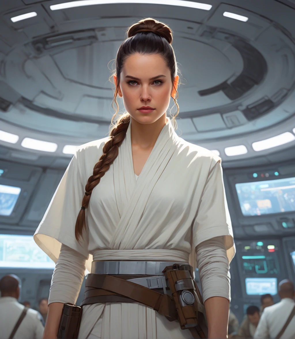 (full height:1.3), a beautiful (ohwx woman:1.1) withAs Princess Leia from the Star Wars saga, dressed in her iconic white robe and belt, her hair styled into two side buns. She stands in the command center of a Rebel base, her courage and leadership skills evident as she directs her forces against the evil Empire., inspired by Krenz Cushart, neoism, kawacy, wlop, gits anime,Hair styled into a long, fishtail braid., huge 