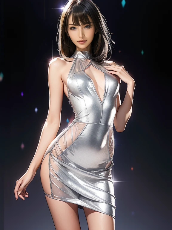  close-up of a Japanese woman in a silver dress,  transparent gray dress  ,  sexy dress, Transparent dress, skin  tight dress, sexy gown, extravagant dress,  wearing a silver dress ,  tight dress,  open dress,  tall ,  skinny, Beautiful Goddess ,  showing off her stylish dress  , Flashy silver dress  , chromium&#39;{{outfit,  Huge Amazing Goddess Shots  ,  Amrance as a supervillain 