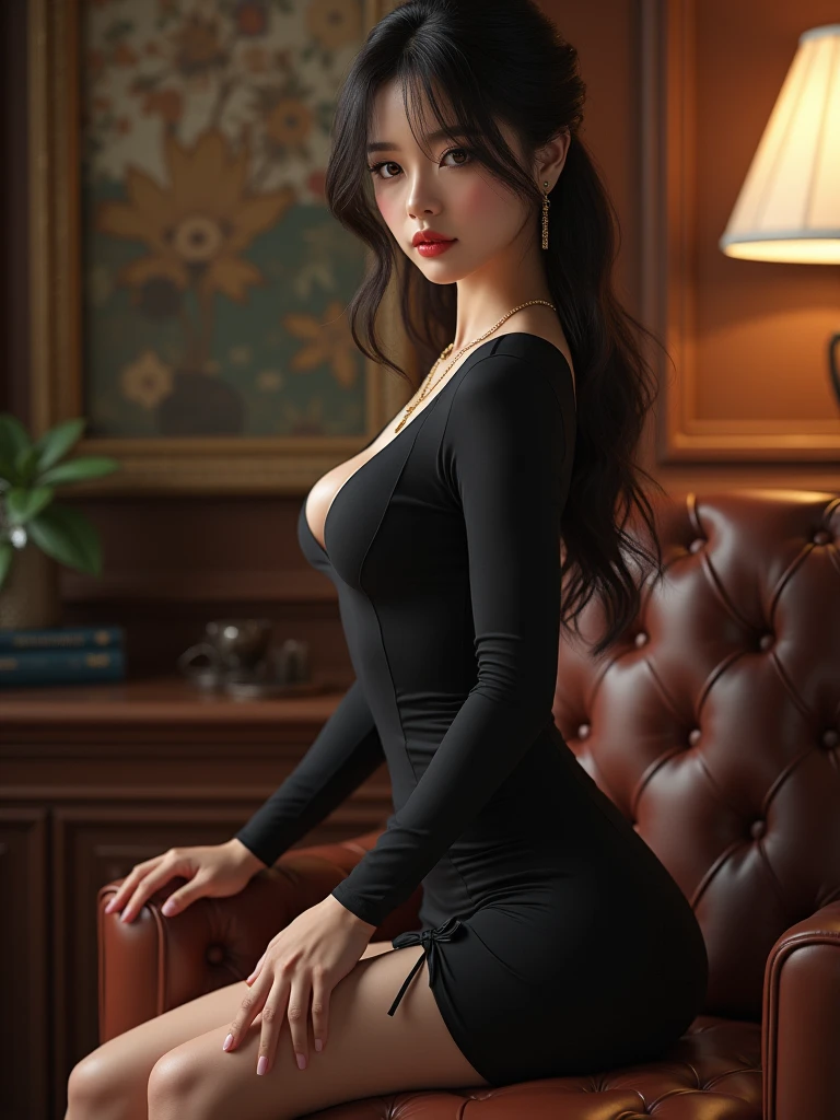 ((Best Quality, 8K, Masterpiece:1 girl With a black dress, you can see the beautiful curves of your body,Perfect breasts, perfect hands without the slightest flaw