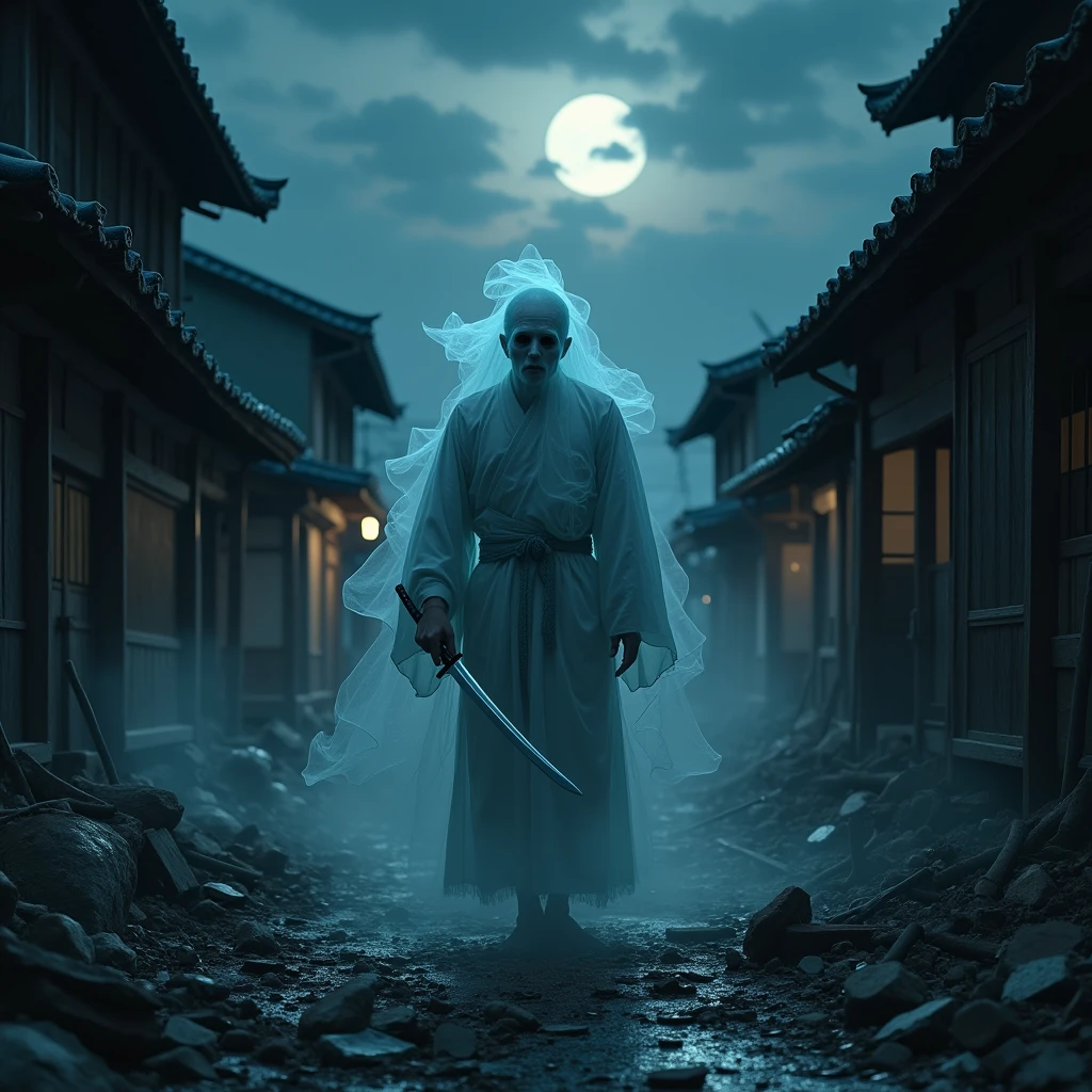 Blue samurai, ghost, walking with a wolfin a haunted village, night sky, full moon, realistic, Full HD, best quality