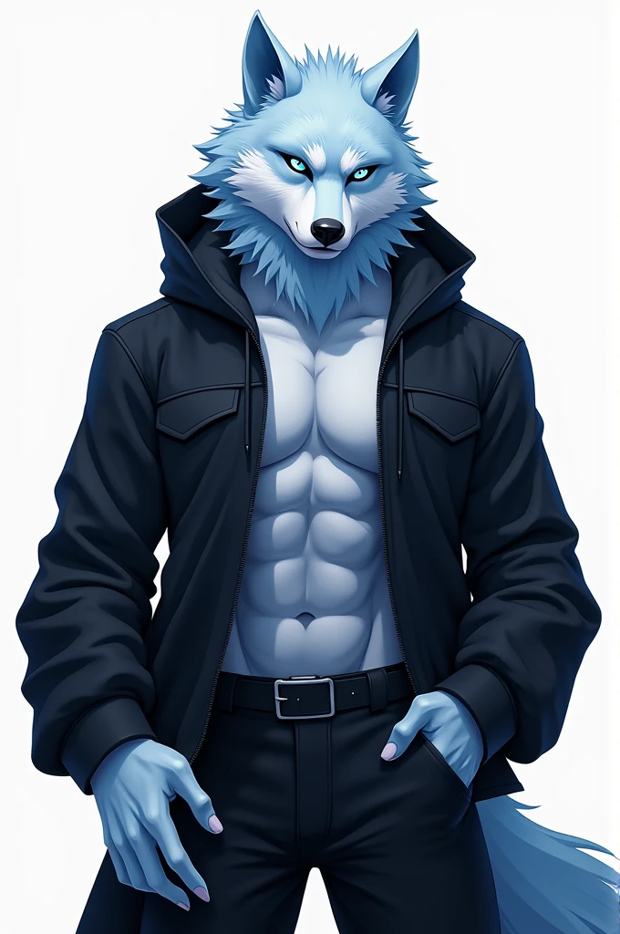 ((Highest quality)), ((masterpiece)), (Super detailed), ((4K)).
Anthropomorphic wolf , Light blue fur , short hair of red color ,Blackbeard , Hands One , good looking , Green Eyes ,(Eye details), middle ages , Huge pectoral muscle size , necklace , Holding sunglasses , Cool pose , hoodie , Black gloves , Black jeans , Rolled up my sleeves